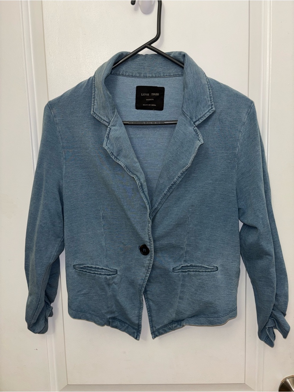 Love Tree Denim-Textured Light Blue Blazer Jacket